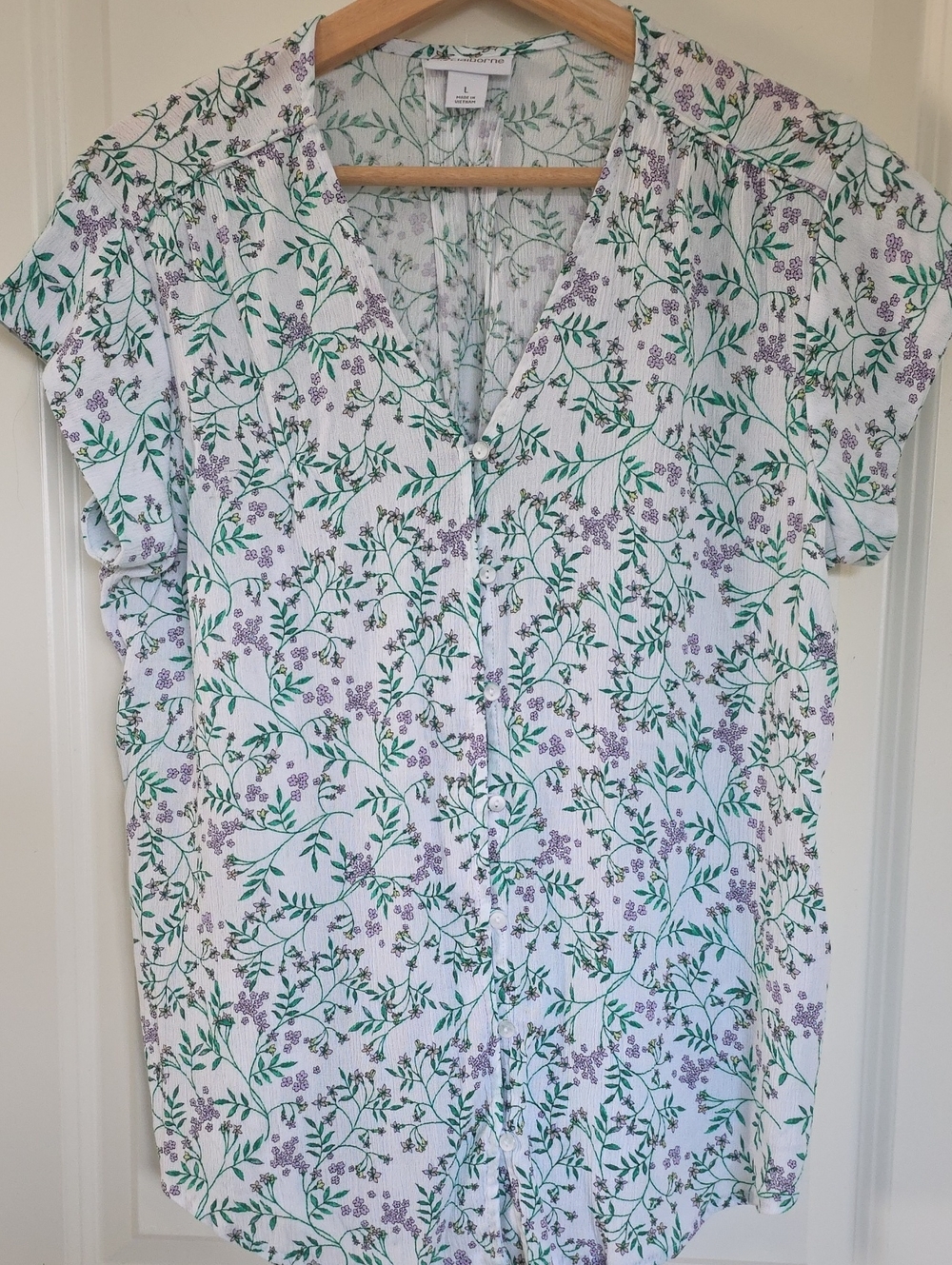 White Floral Button-Front Women's Blouse with Green and Lavender Print